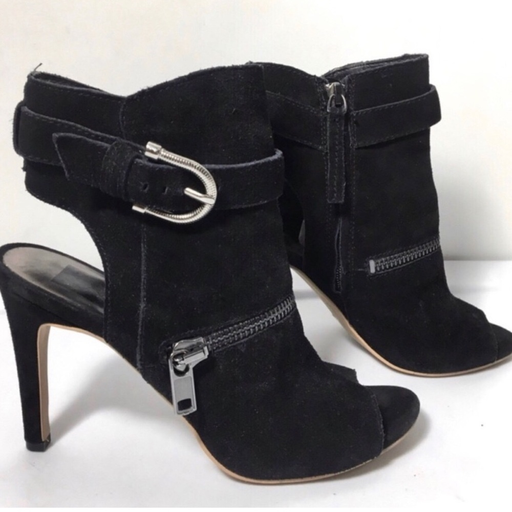 Dolce Vita Black Suede Peep-Toe Ankle Booties with Buckle & Zipper. Size 8.